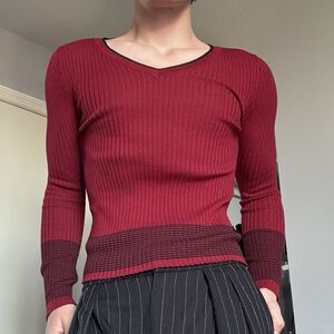 Yoki Womens Maroon Black Ribbed Sweater V Neck Slim Fit Layering Top Large Fit S